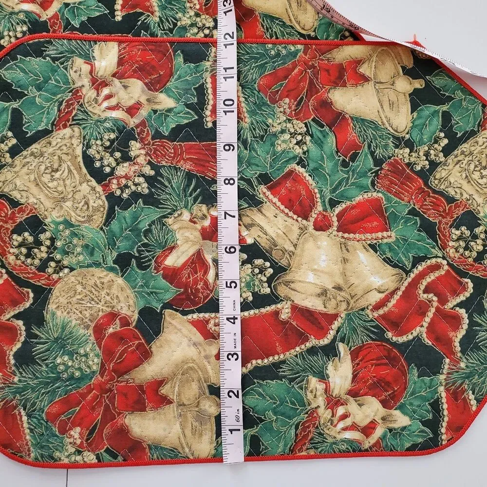 Vintage Placemats 4 Quilted Christmas Bells Red Green Black Gold Octagon 17x12